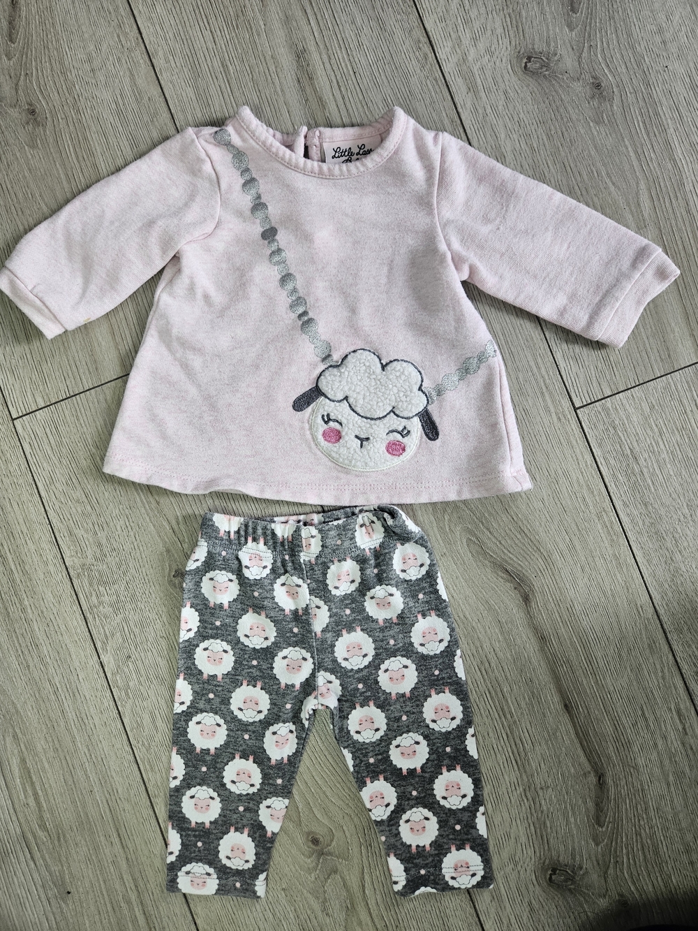 LITTLE LASS Baby Girl Pink Sheep Knit Top & Gray Leggings Set 3-6 Months🩷 5/20$